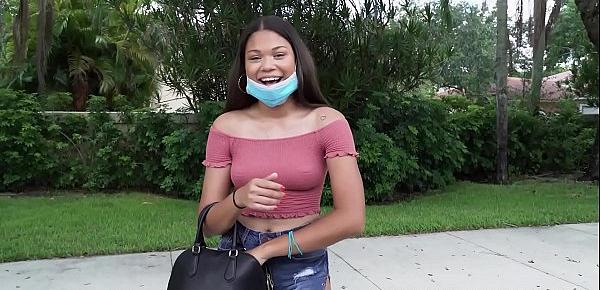  Hot black teen gets paid to flash her tits and get on the bus